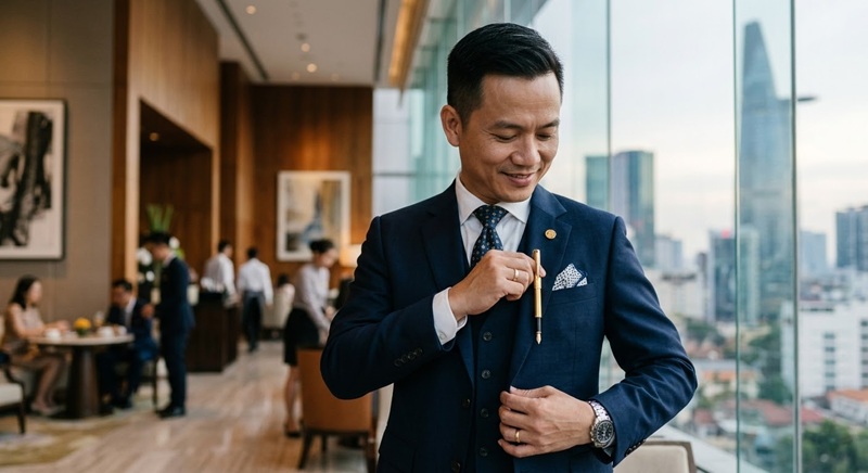 Bút Ký Cao Cấp Phù Hợp Với Ai? Không Phải Ai Dùng Cũng Sang 2 doanh nhân diện vest sang trọng đang cài chiếc bút Parker trên túi áo