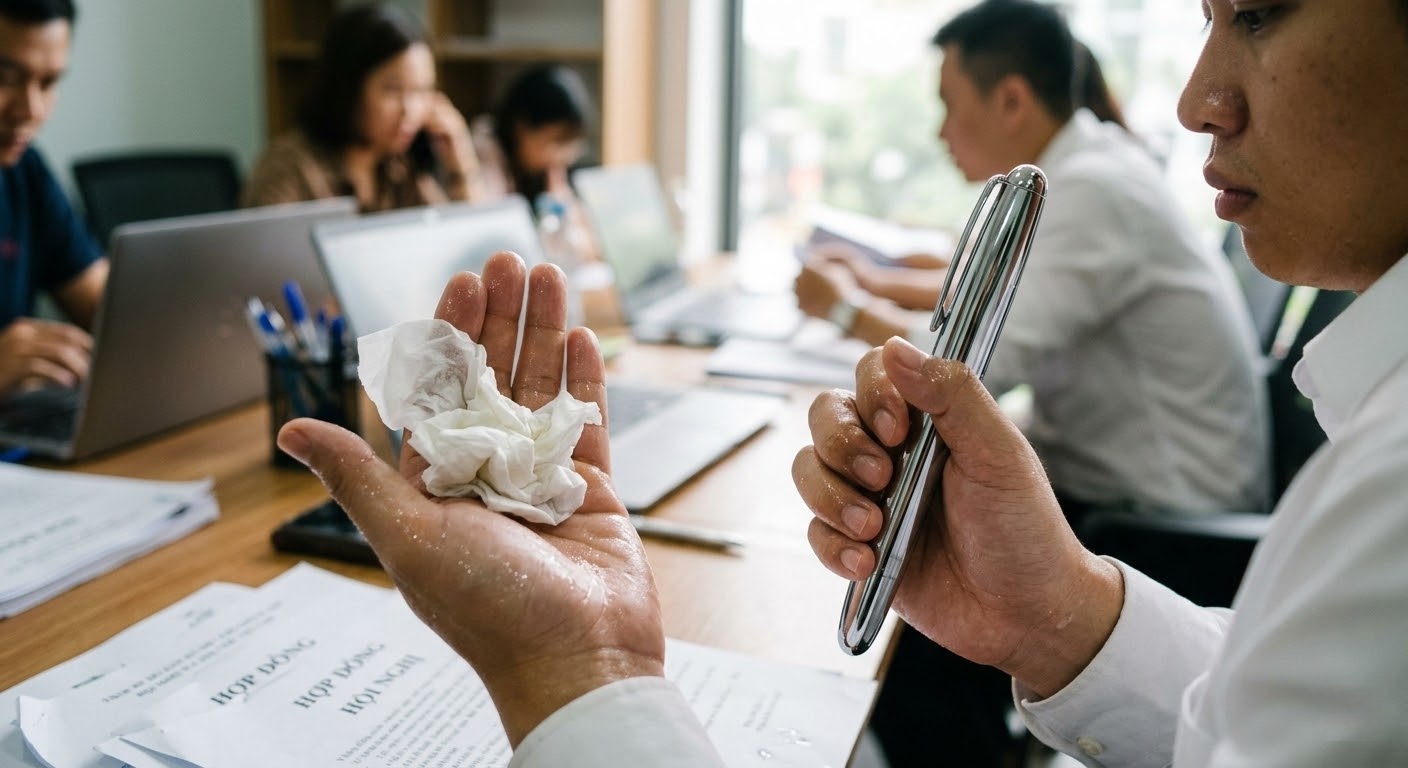 mồ hôi tay kết hợp với bề mặt kim loại bóng là nguyên nhân chính gây ra cảm giác trơn trượt, giảm trải nghiệm khi ký kết