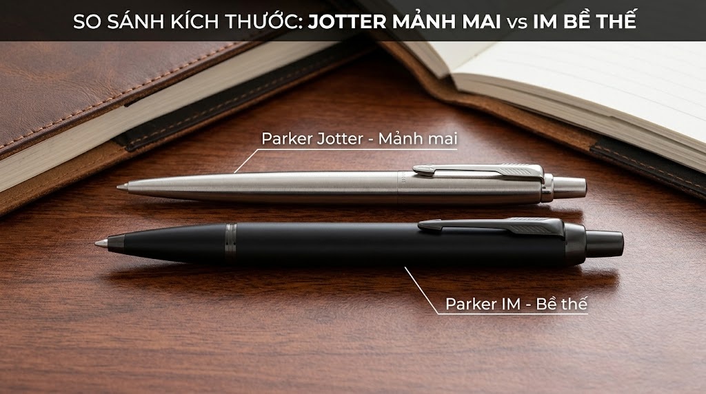 Parker IM vs Parker Jotter: So Sánh Chi Tiết Và Bí Quyết Chọn Bút Chuẩn Phong Cách 4 đặt cạnh nhau một chiếc parker jotter mảnh mai và một chiếc Parker IM bề thế