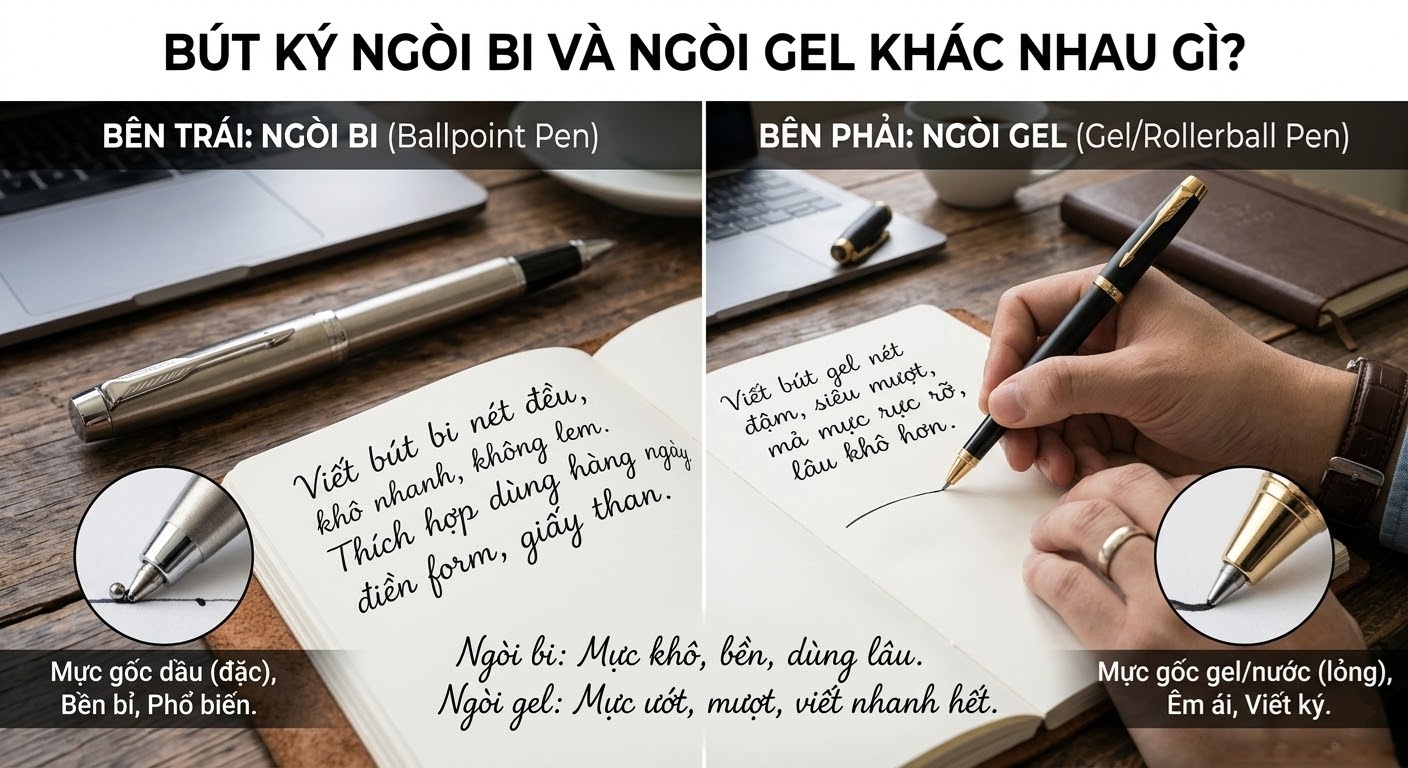 bút ký ngòi bi và ngòi gel khác nhau gì