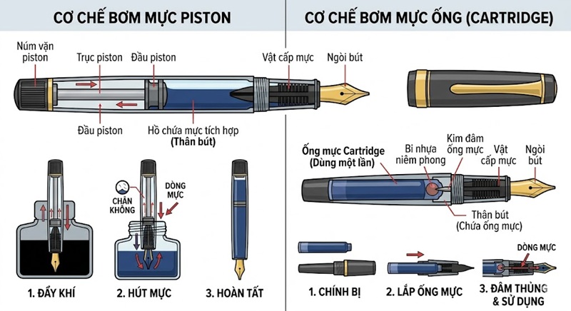 Cơ Chế Bơm Mực Piston Và Ống Mực Cartridge: Đâu Là Lựa Chọn Tối Ưu Cho Bút Máy Parker? 2 Cơ chế bơm mực piston và ống mực cartridge